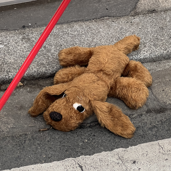 une pelluche chien laissée sur un trottoir