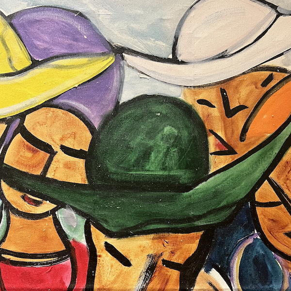 Un morceau de tableau représentant des personnages avec des chapeaux