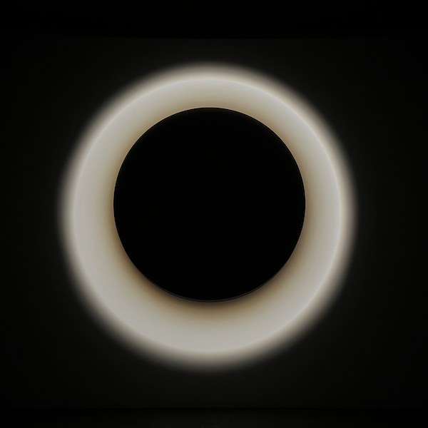Photo d'une oeuvre exposée au LU : un disque noir éclairé comme une eclipse