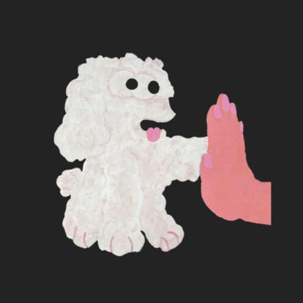 peinture représentant un chien faisant un check à une main humaine